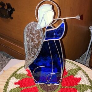 Vintage Blue Stained Glass Angel Figurine Set In Metal Tea Light Holder